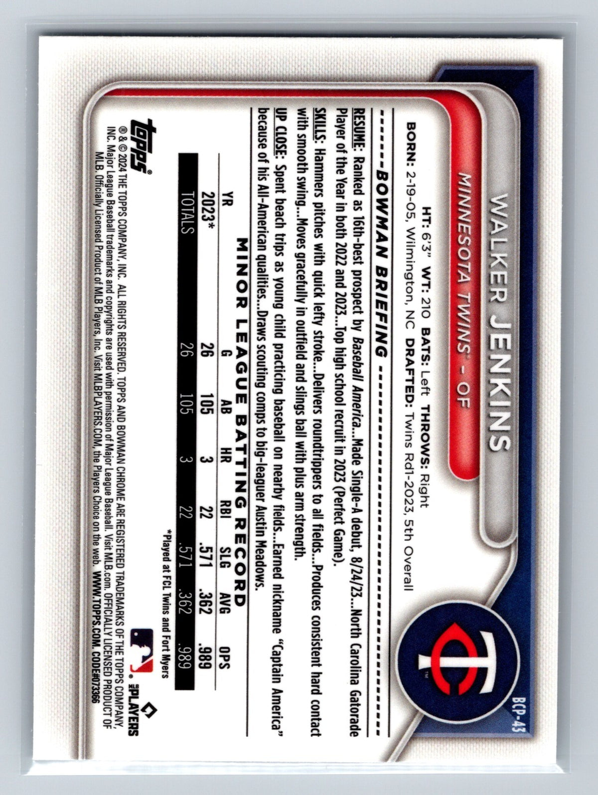 Walker Jenkins 2024 Bowman Chrome 1st Mojo Refractor #BCP-43 Twins