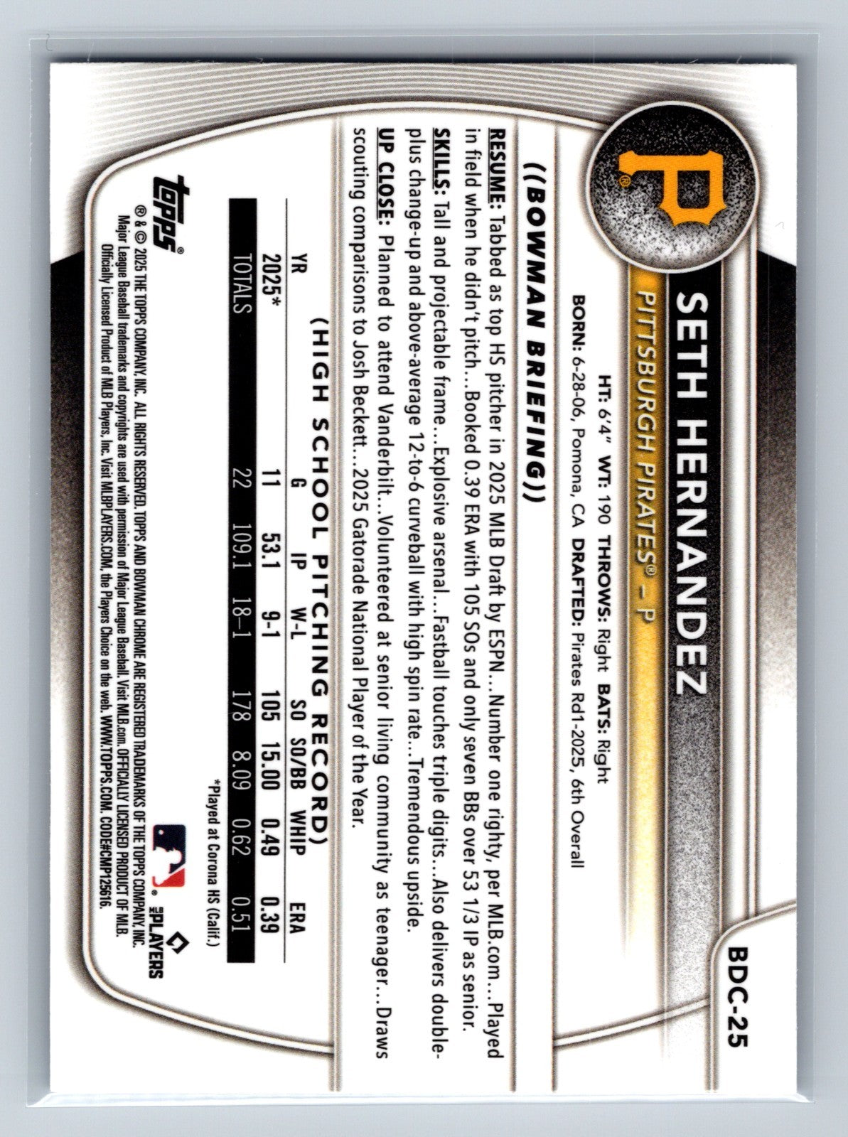 Seth Hernandez 2025 Bowman Draft Chrome 1st Blue Mojo Refractor /150 #BDC-25