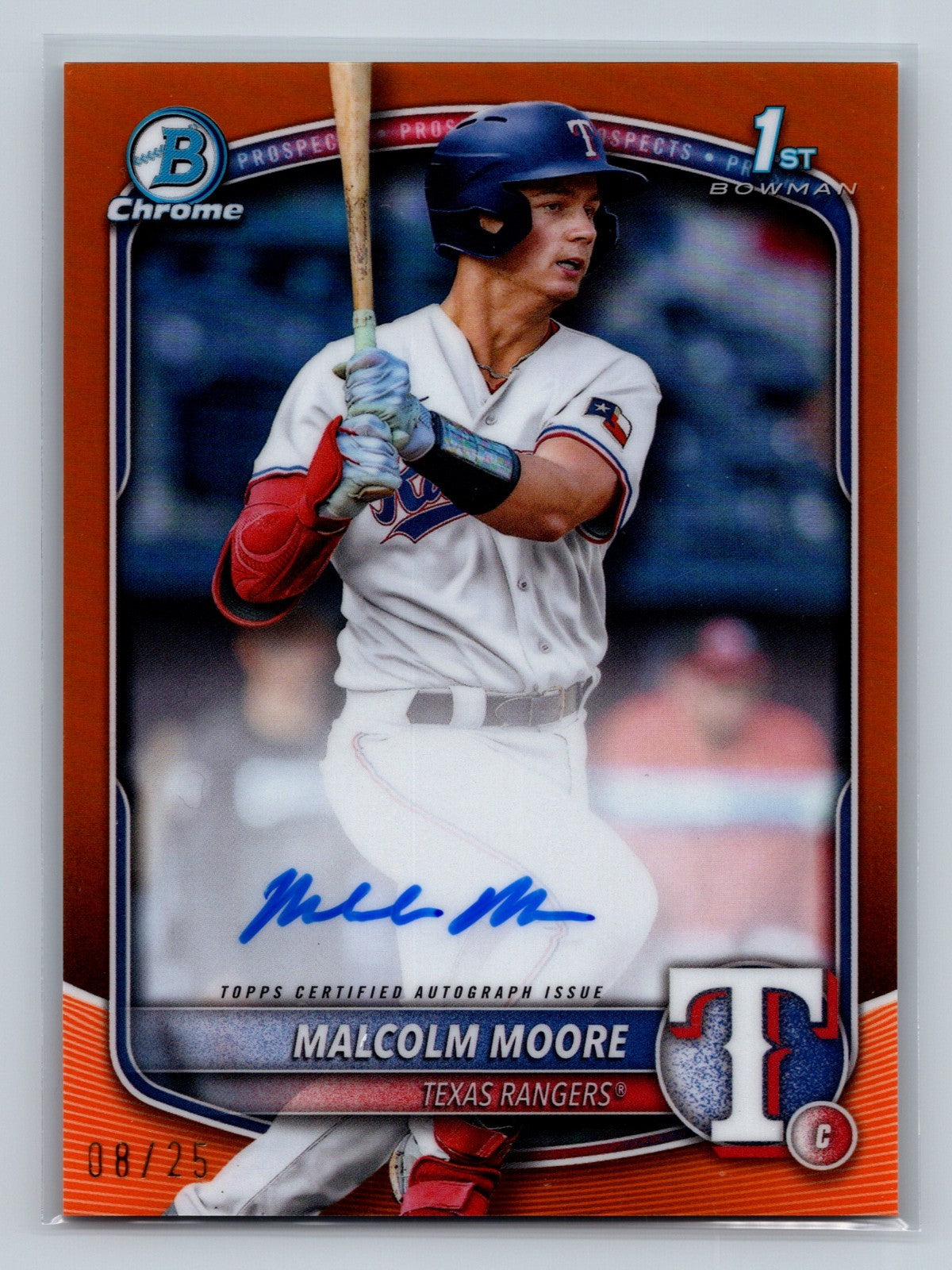Malcolm Moore 2025 Bowman Chrome 1st Orange Refractor Auto /25 #CPA-MMO Rangers