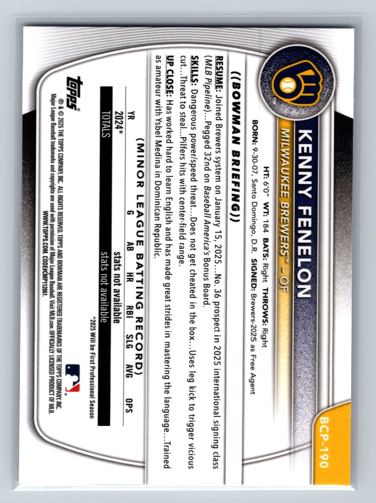 Kenny Fenelon 2025 Bowman Chrome 1st Mini Diamond Refractor #BCP-190 Brewers