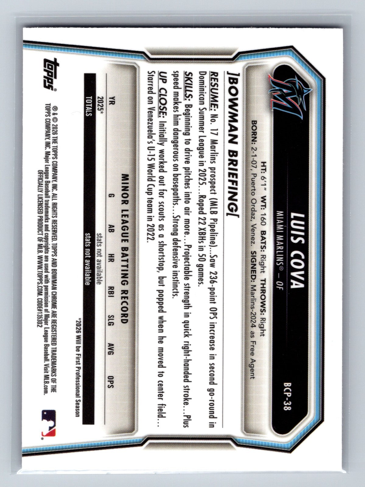 Luis Cova 2026 Bowman Chrome 1st Fuchsia Wave Refractor /199 #BCP-38 Marlins