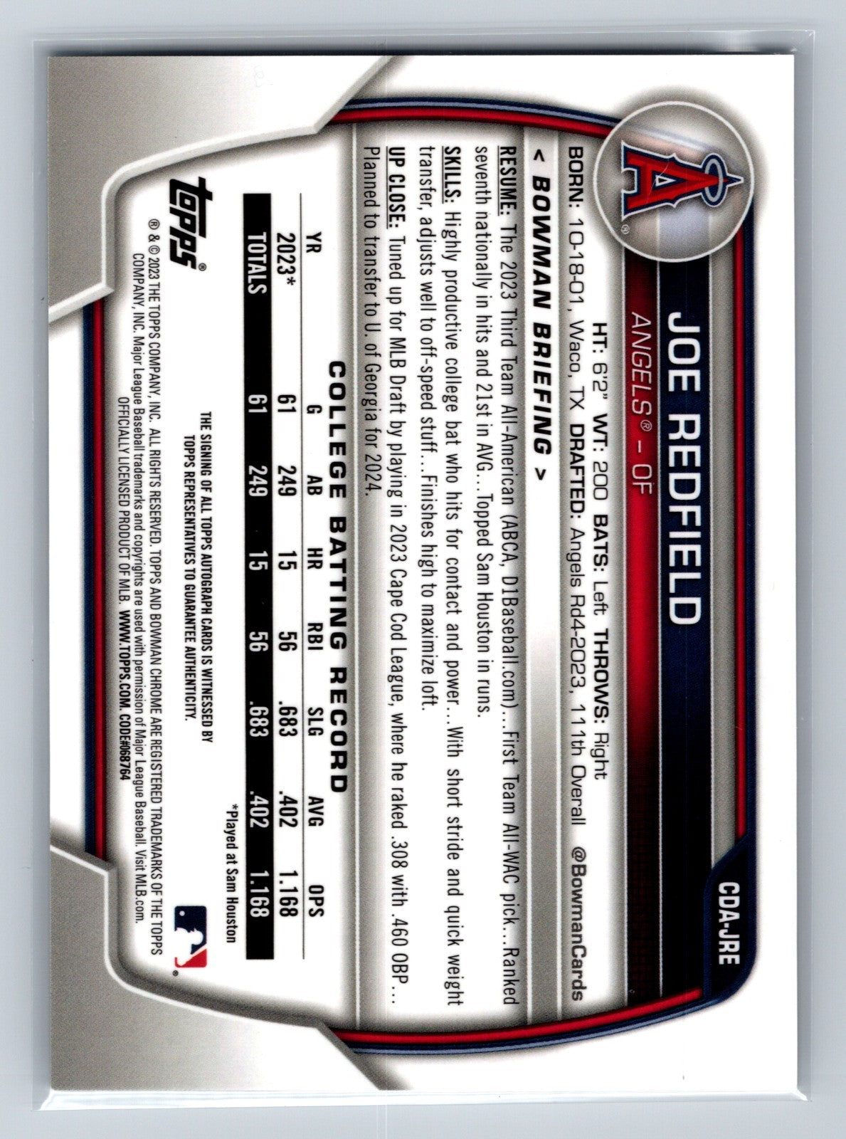 Joe Redfield 2023 Bowman Draft Chrome 1st Auto #CDA-JRE Angels