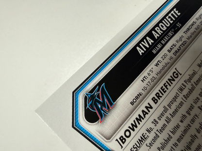 Aiva Arquette 2026 Bowman 1st Paper Retro Logo Foil Pattern SSP #BP-40 Marlins