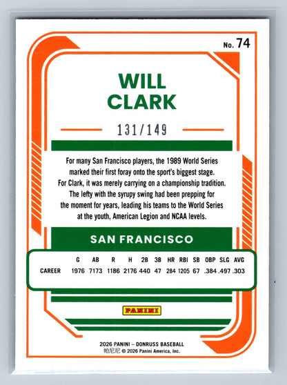 Will Clark 2026 Panini Donruss Blue /149 #74 Giants