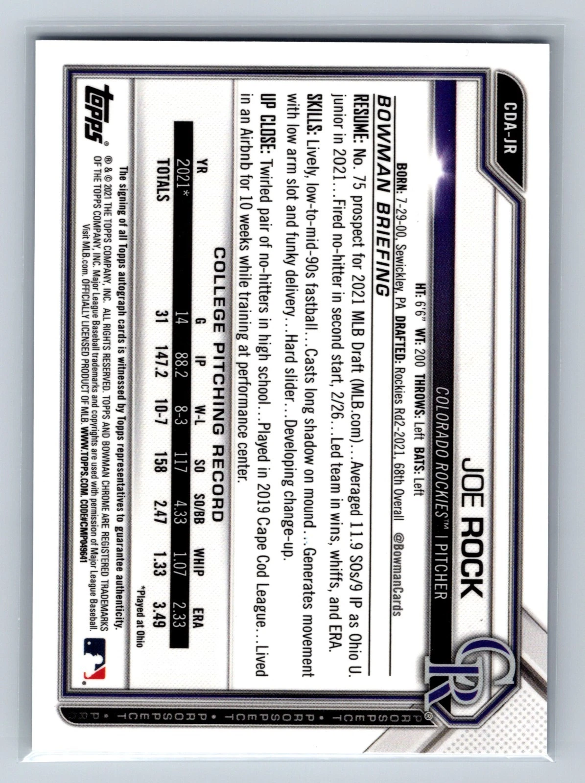 Joe Rock 2021 Bowman Draft Chrome 1st Blue Refractor Auto /499 #CDA-JR Rockies
