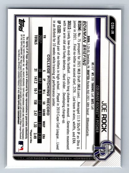 Joe Rock 2021 Bowman Draft Chrome 1st Blue Refractor Auto /499 #CDA-JR Rockies