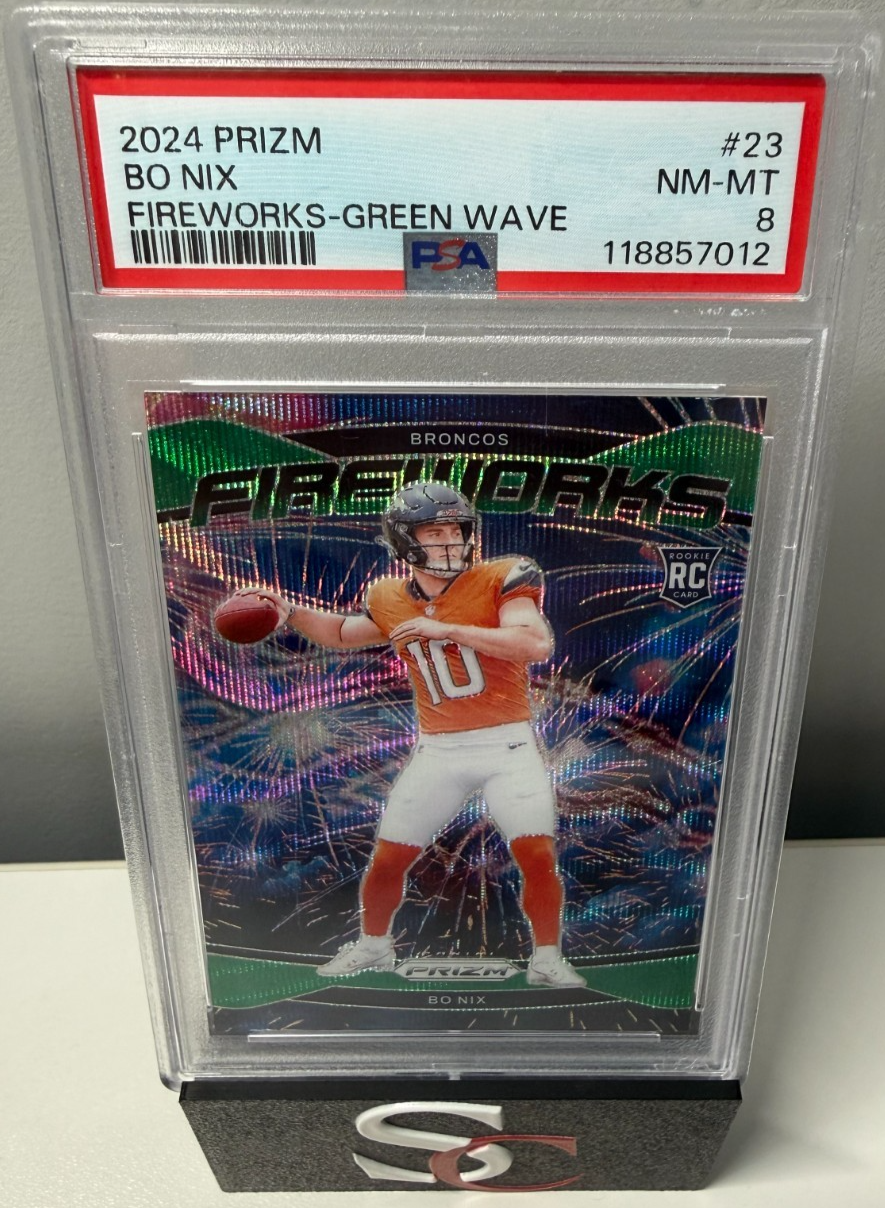Bo Nix 2024 Panini Prizm Fireworks Green Wave RC #23 Broncos PSA 8