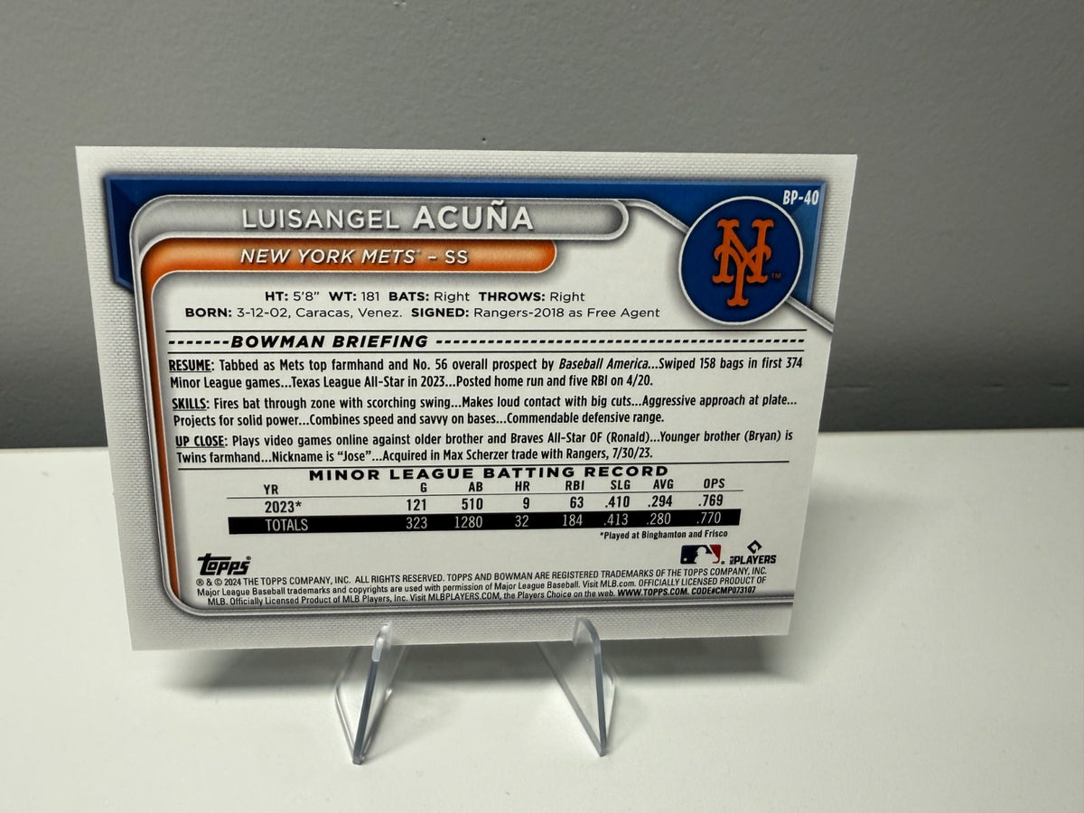 Luisangel Acuna 2024 Bowman Paper Prospect Sky Blue Border /499 #BP-40 Mets
