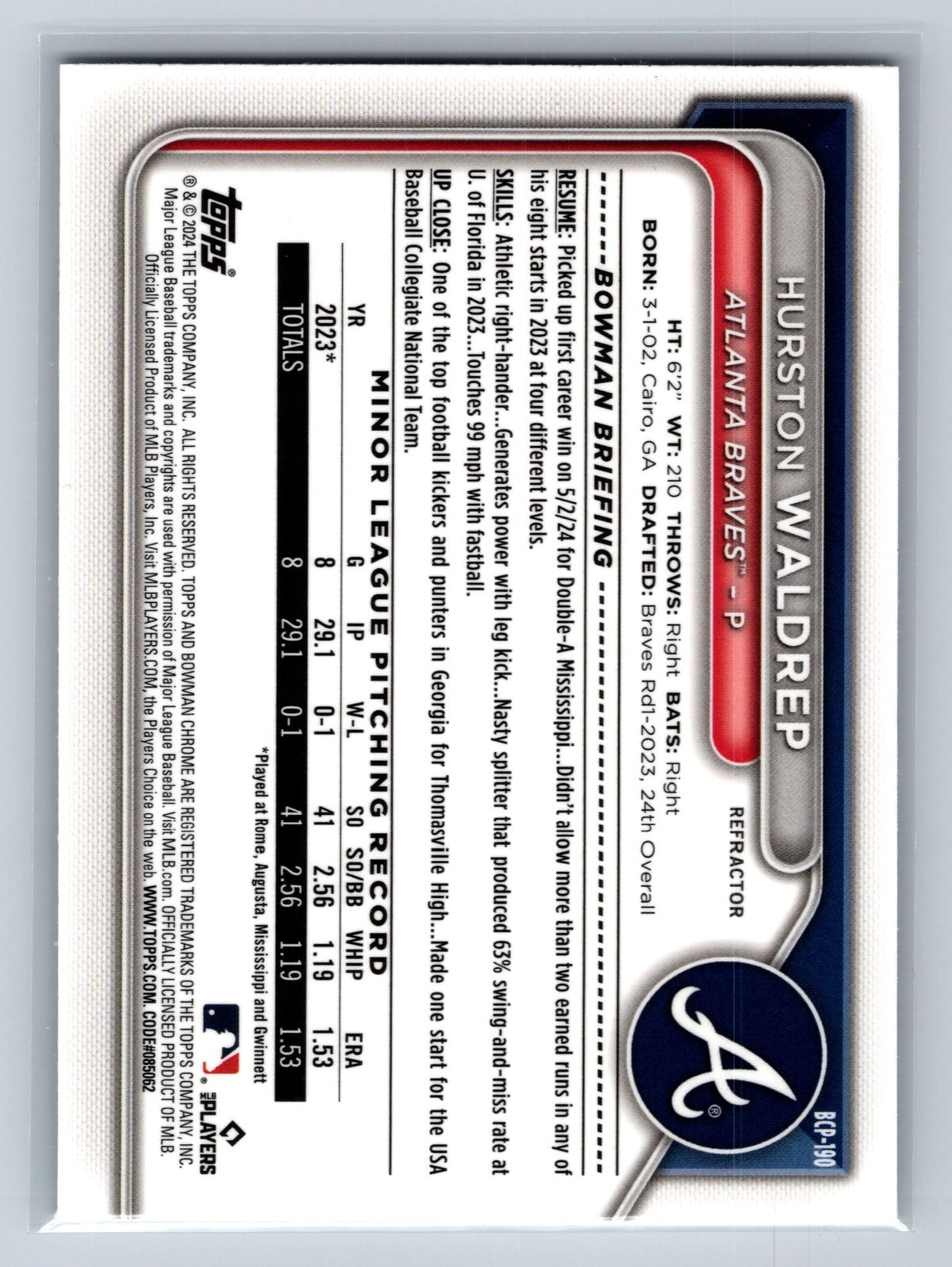 Hurston Waldrep 2024 Bowman Chrome Prospect Refractor /499 BCP-190 Braves