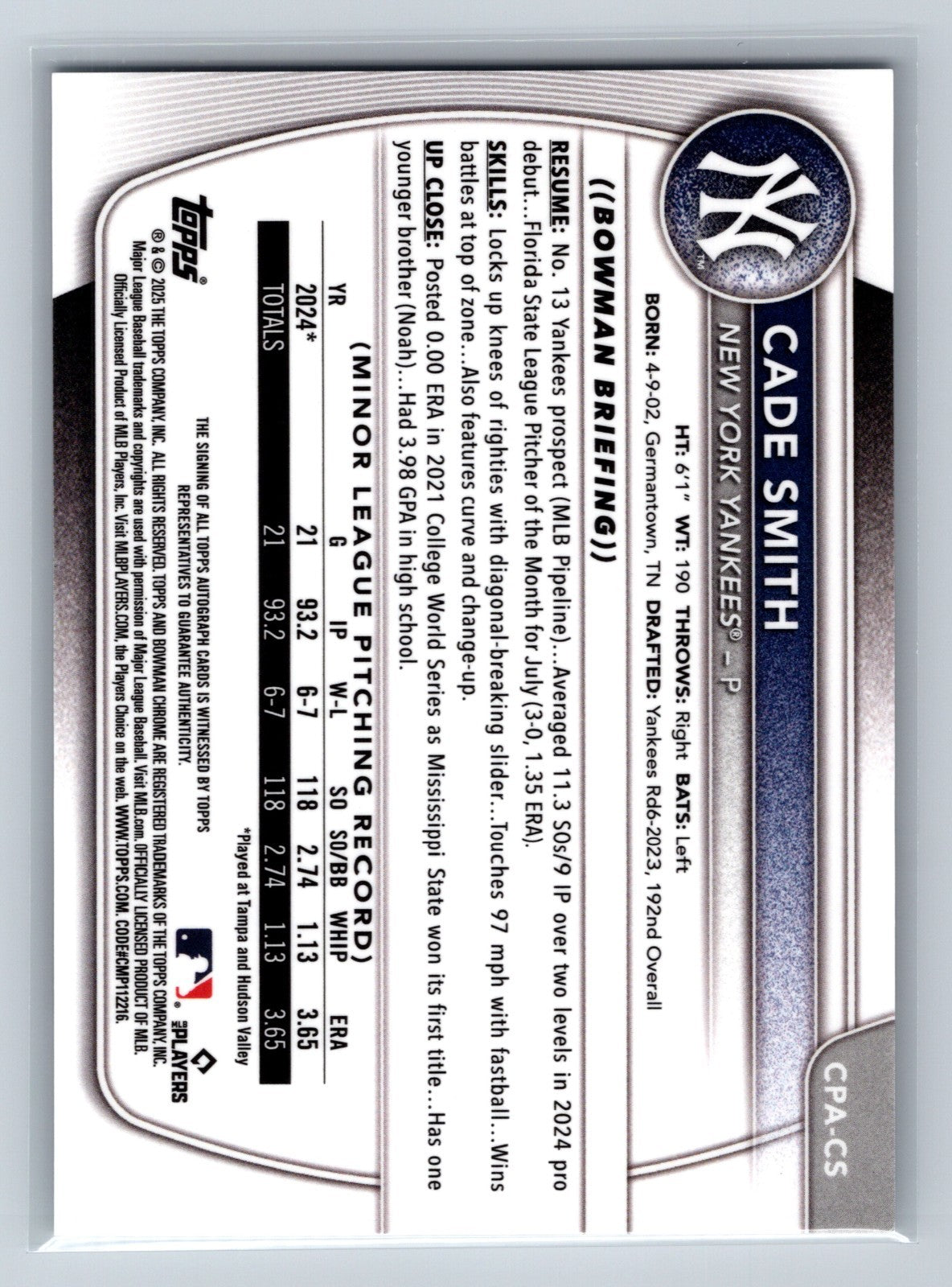 Cade Smith 2025 Bowman Chrome 1st HTA Choice Refractor Auto /150 #CPA-CS Yankees