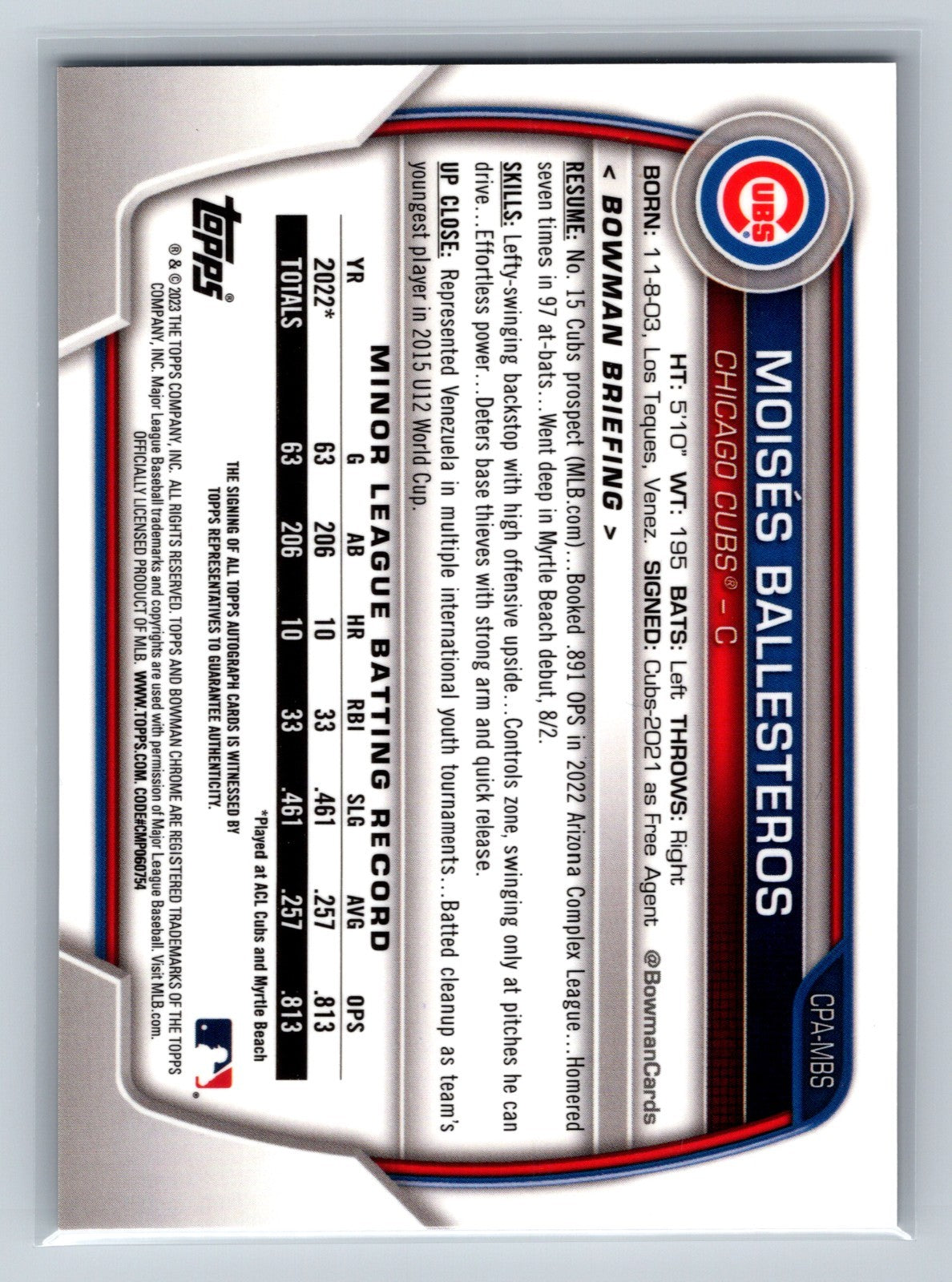 Moises Ballesteros 2023 Bowman Chrome 1st Auto #CPA-MBS Cubs