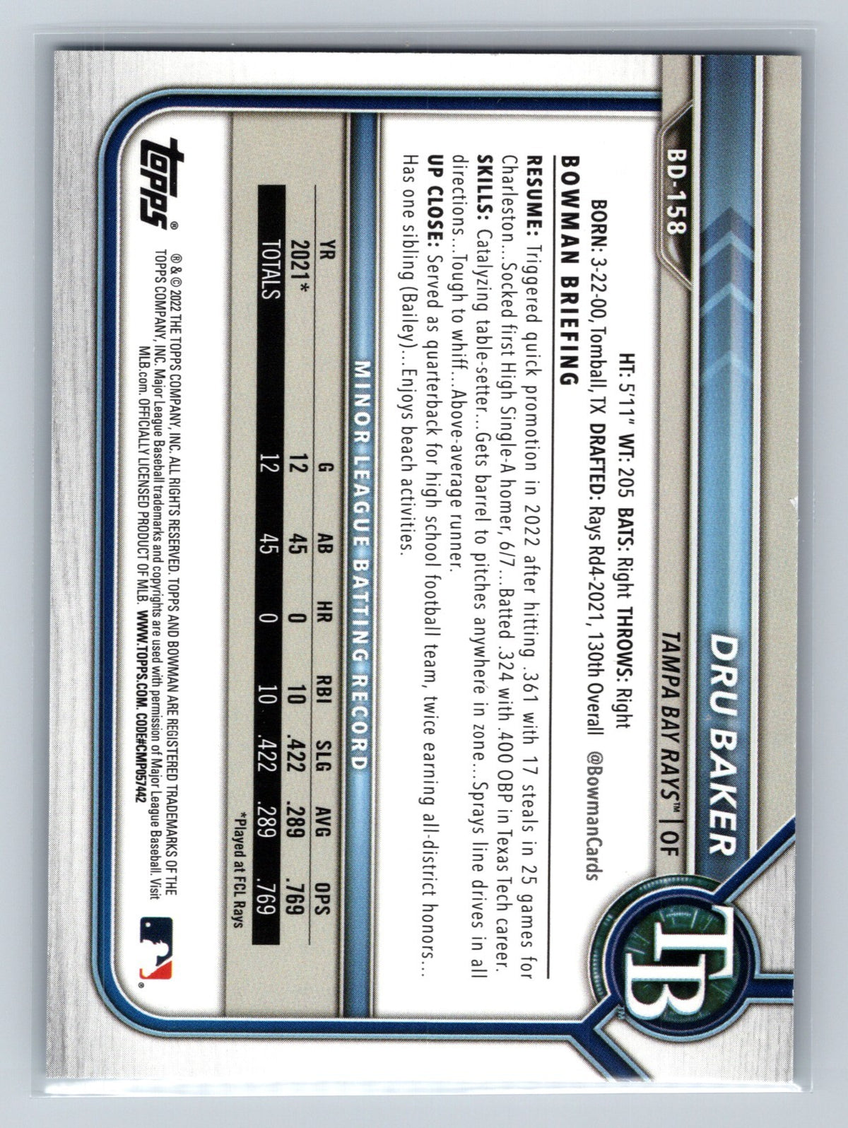 Dru Baker 2022 Bowman Draft 1st Edition Paper Sky Blue Foil #BD-158 Rays