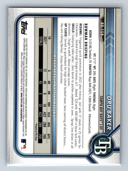 Dru Baker 2022 Bowman Draft 1st Edition Paper Sky Blue Foil #BD-158 Rays