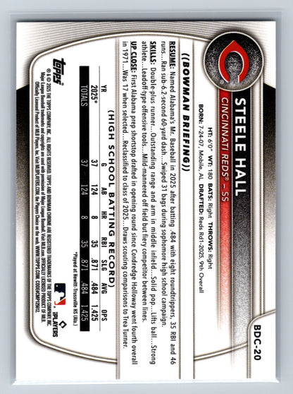 Steele Hall 2025 Bowman Draft Chrome 1st #BDC-20 Reds
