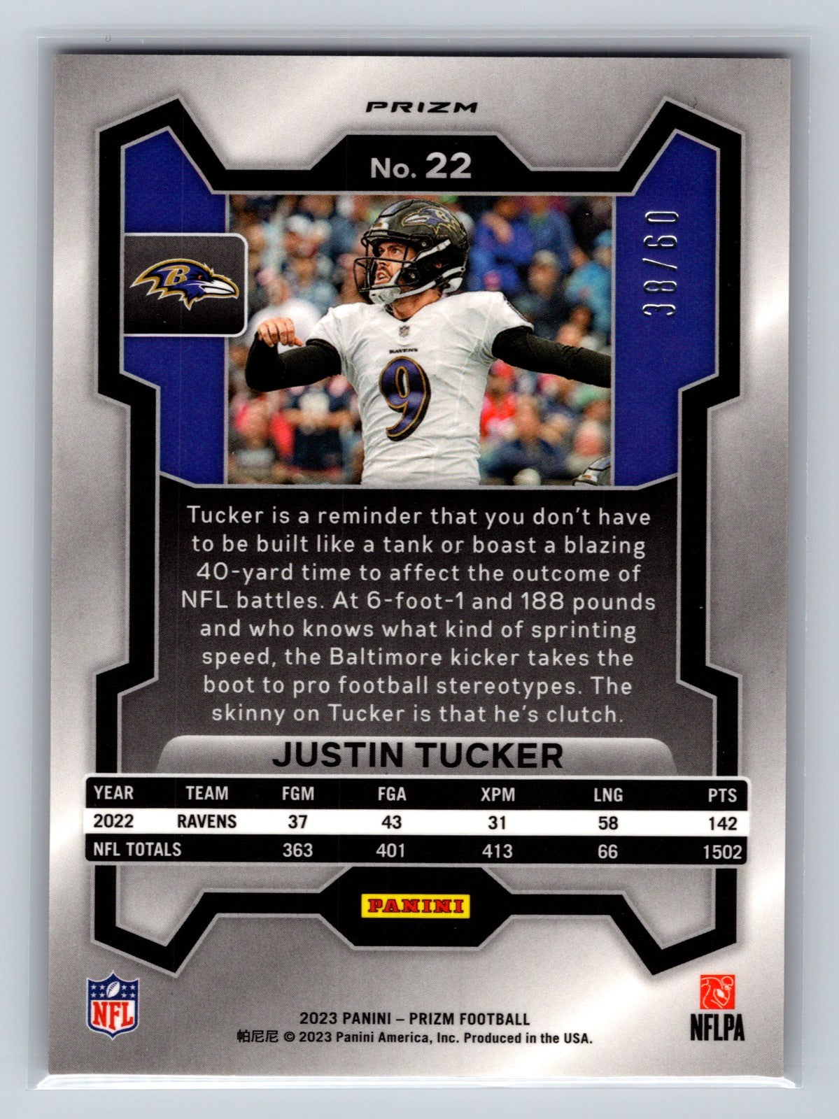 Justin Tucker 2023 Panini Prizm Orange Wave Prizm /60 #22 Ravens