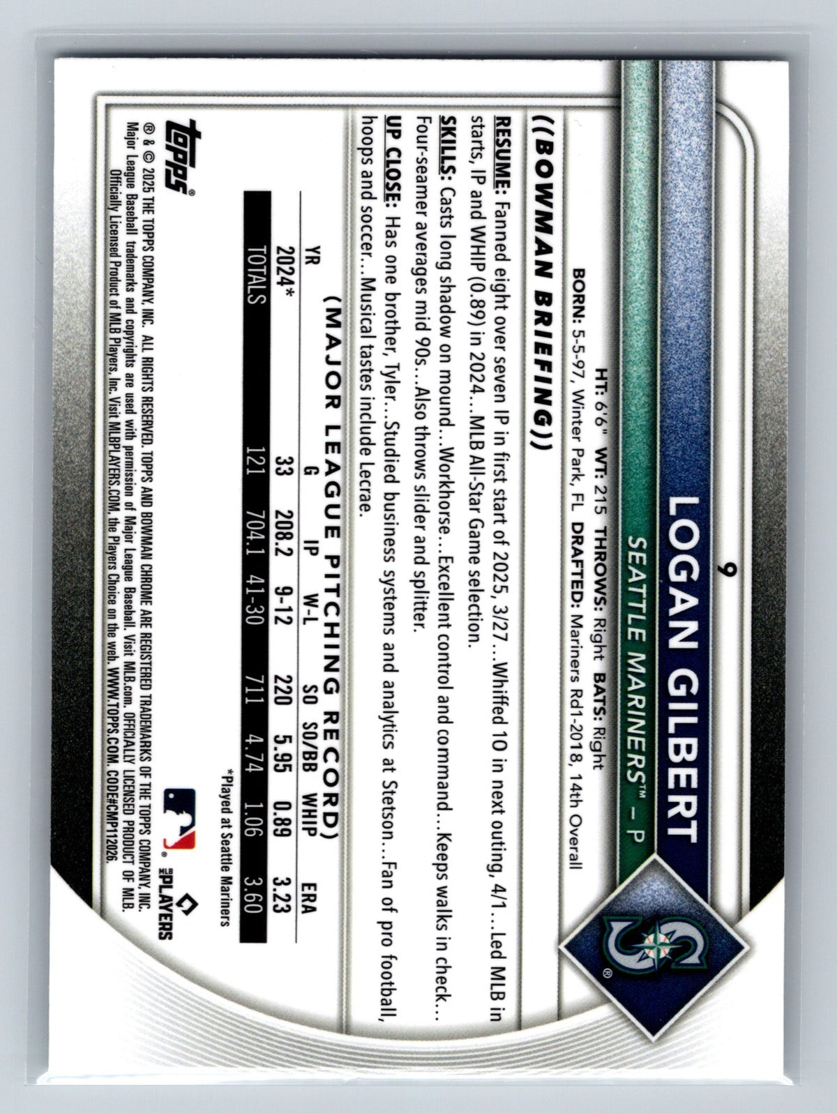 Logan Gilbert 2025 Bowman Chrome Pulsar Refractor /399 #9 Mariners