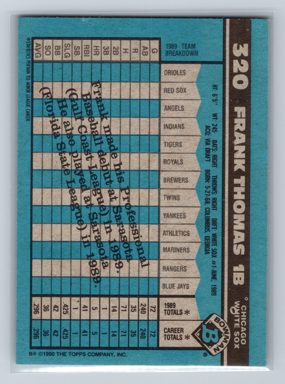 Frank Thomas 1990 Bowman #320 White Sox