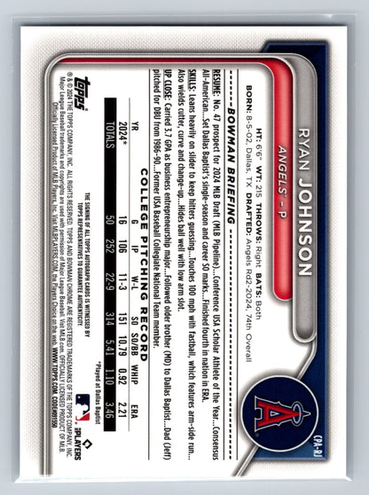 Ryan Johnson 2024 Bowman Draft Chrome 1st Auto #CPA-RJ Angels
