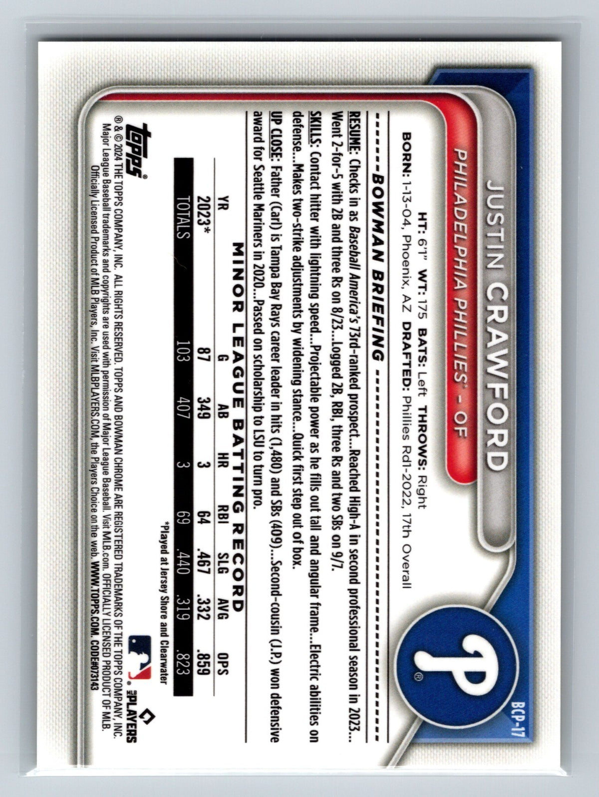 Justin Crawford 2024 Bowman Chrome Prospects Yellow Refractor /75 #BCP-17