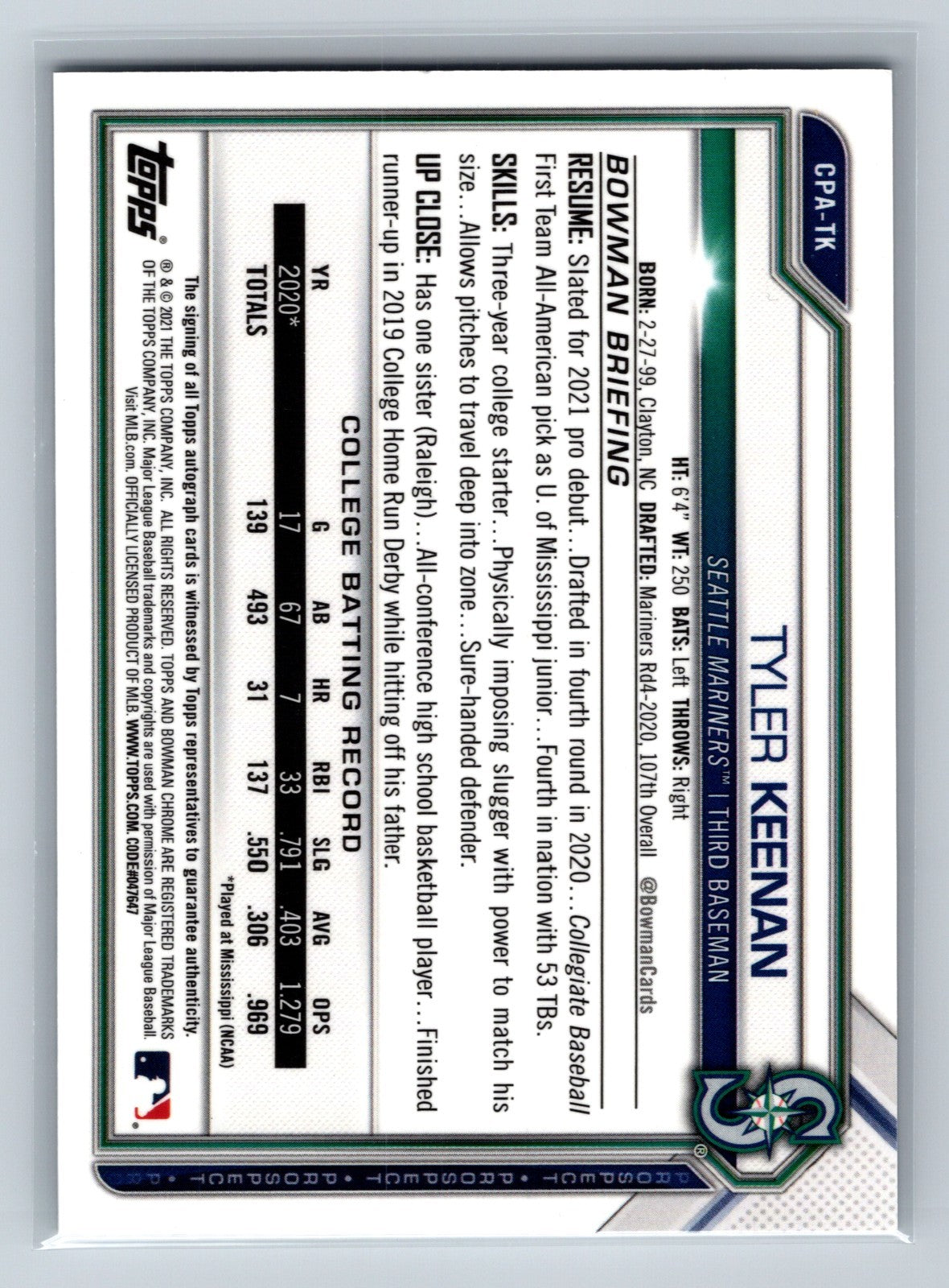Tyler Keenan 2021 Bowman Chrome 1st Auto #CPA-TK Mariners