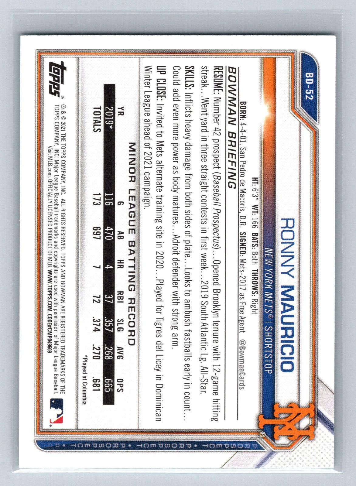 Ronny Mauricio 2021 Bowman Draft Paper Aqua /199 #BD-52 Mets