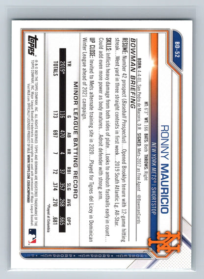 Ronny Mauricio 2021 Bowman Draft Paper Aqua /199 #BD-52 Mets