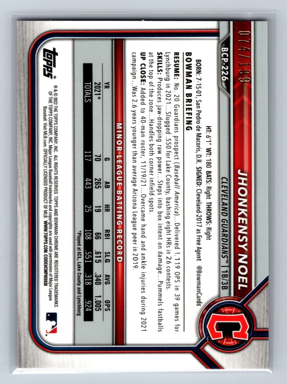 Jhonkensy Noel 2022 Bowman Chrome Prospects Fuchsia Mojo Refractor /199 #BCP-226