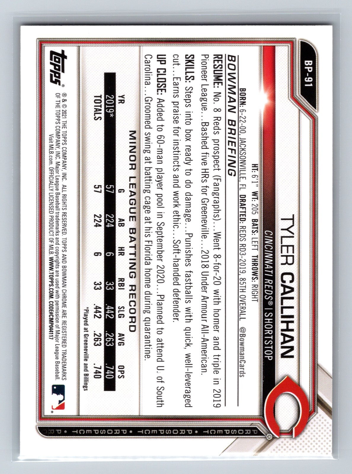 Tyler Callihan 2021 Bowman Paper Prospects Gold /50 #BP-91 Reds