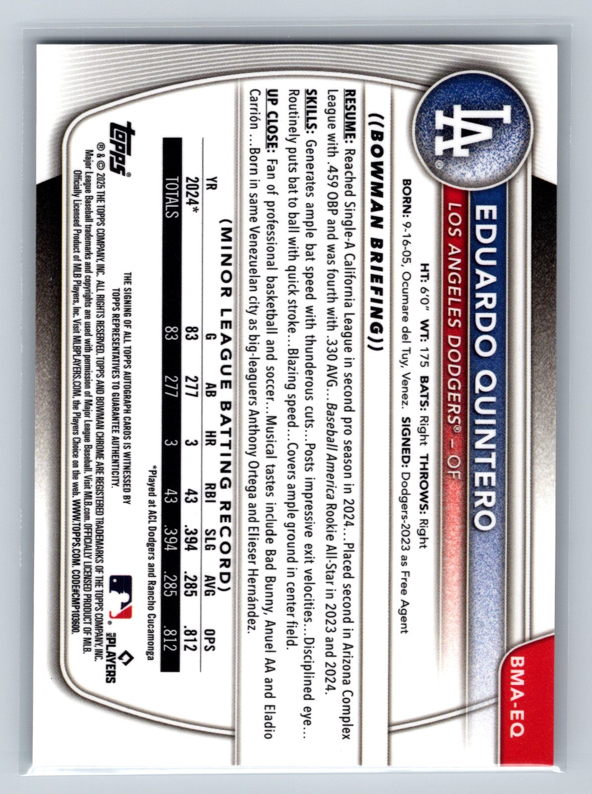 Eduardo Quintero 2025 Bowman Chrome Mega Box Mojo Refractor Auto #BMA-EQ Dodgers