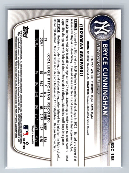 Bryce Cunningham 2025 Bowman Draft Chrome Blue Refractor /150 #BDC-155 Yankees