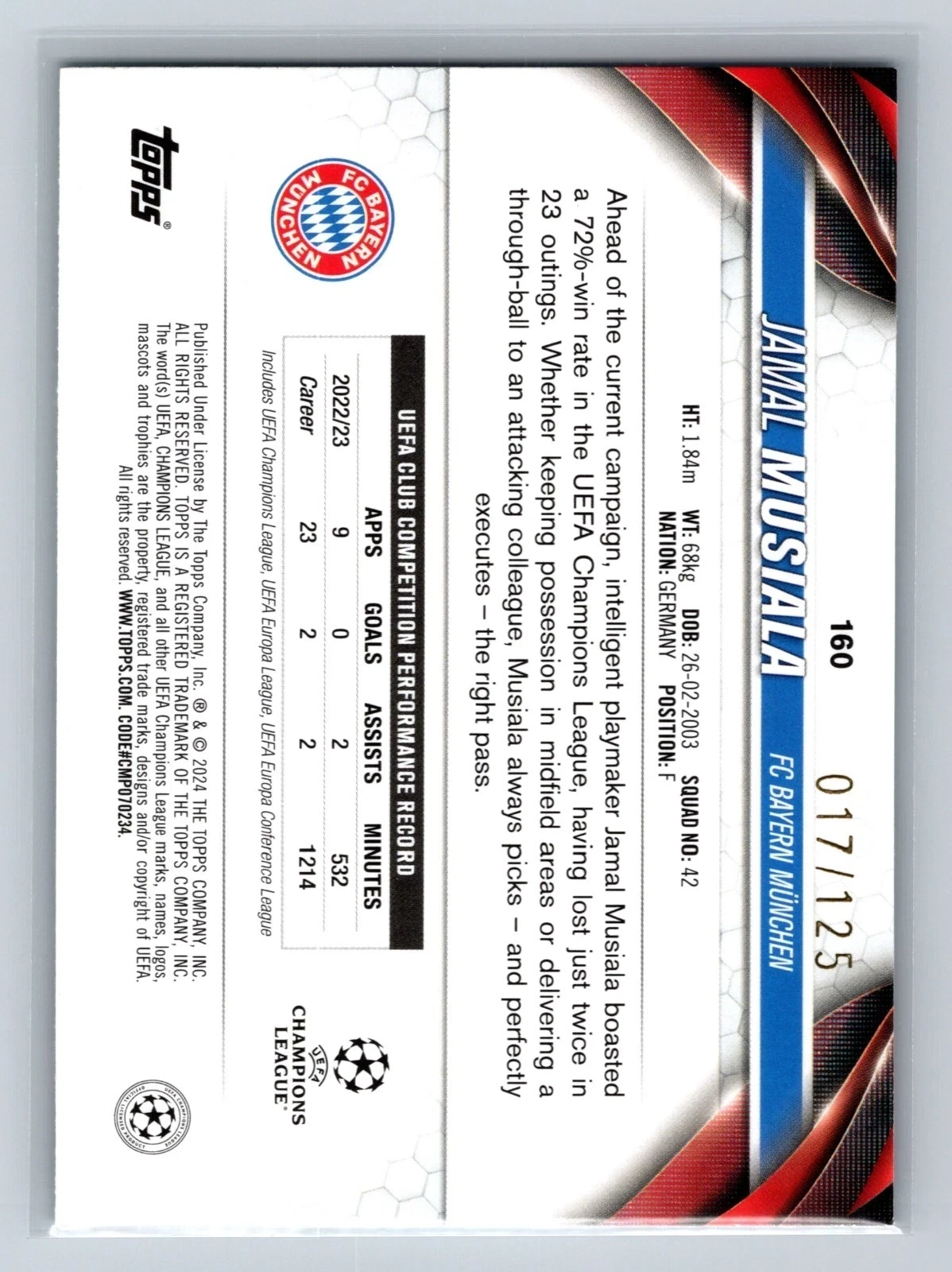 Jamal Musiala 2023-24 Topps UEFA Club Competitions Green Inferno Refractor /125
