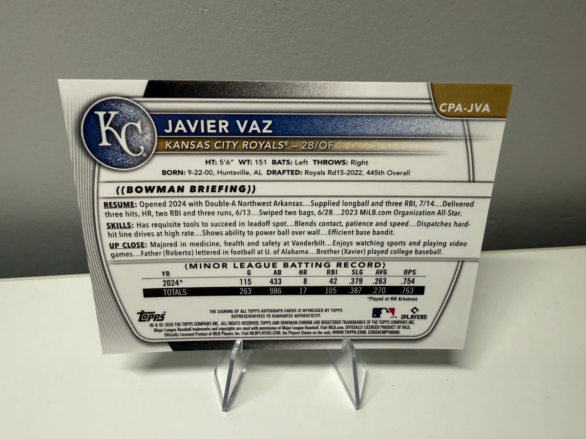 Javier Vaz 2025 Bowman Chrome 1st Green Refractor Auto /99 #CPA-JVA Royals