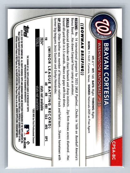 Brayan Cortesia 2025 Bowman Chrome 1st Sapphire Refractor Auto /199 #CPSA-BC
