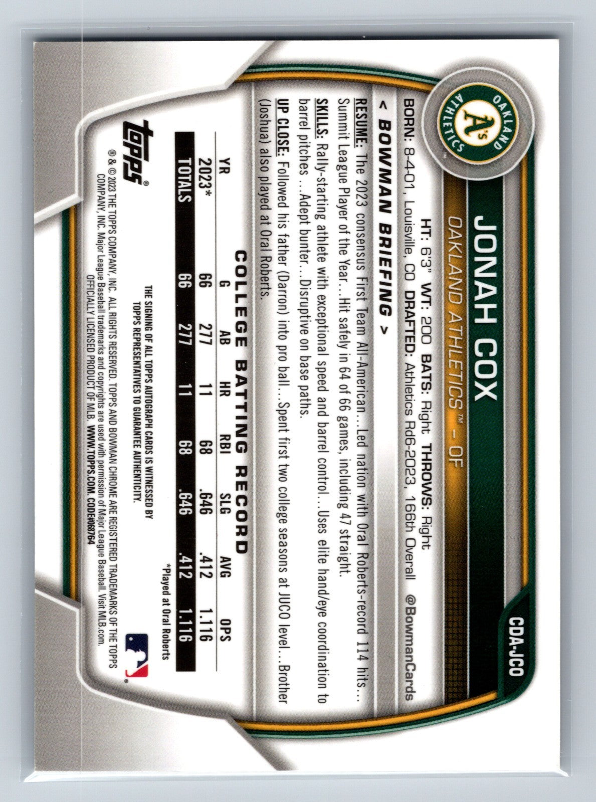 Jonah Cox 2023 Bowman Draft Chrome 1st Auto #CDA-JCO Giants