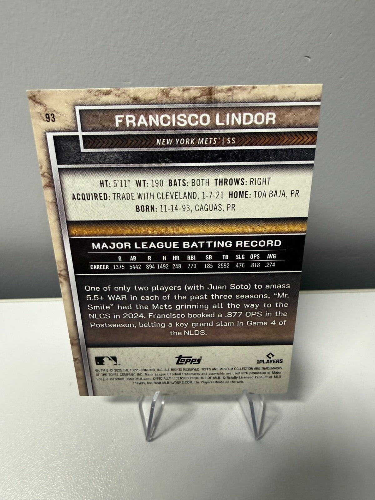Francisco Lindor 2025 Topps Museum Collection Gold /249 #93 Mets