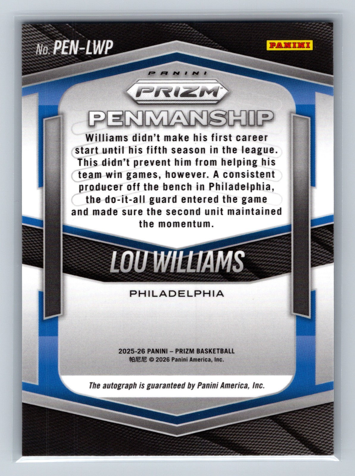 Lou Williams 2025-26 Panini Prizm Penmanship Auto #PEN-LWP 76ers