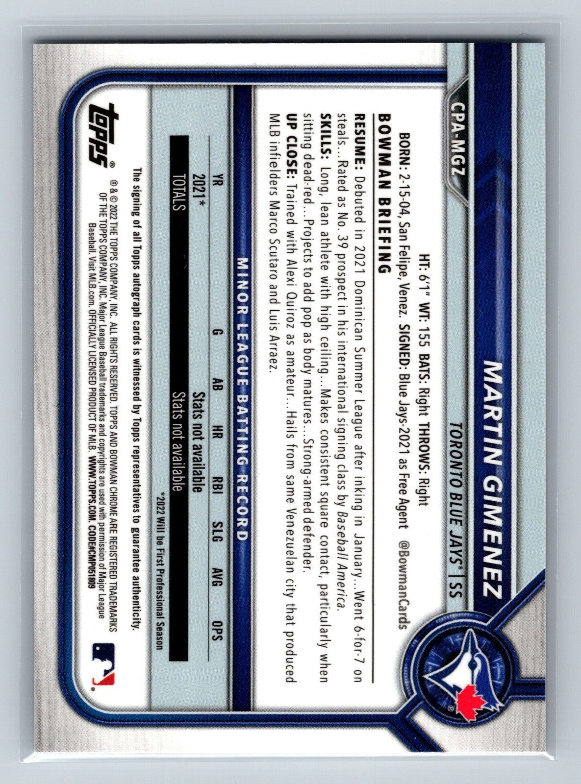 Martin Gimenez 2022 Bowman Chrome 1st Auto #CPA-MGZ Blue Jays