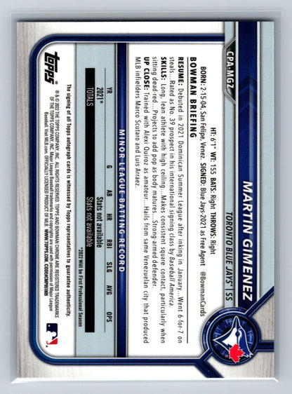 Martin Gimenez 2022 Bowman Chrome 1st Auto #CPA-MGZ Blue Jays