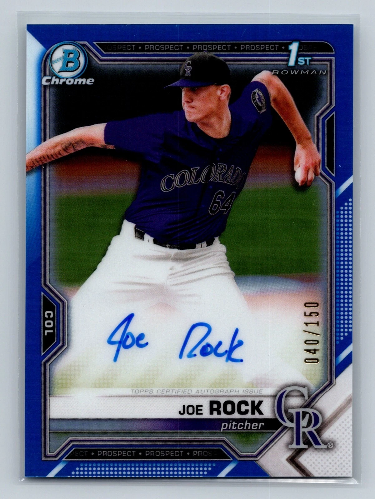 Joe Rock 2021 Bowman Draft Chrome 1st Blue Refractor Auto /499 #CDA-JR Rockies