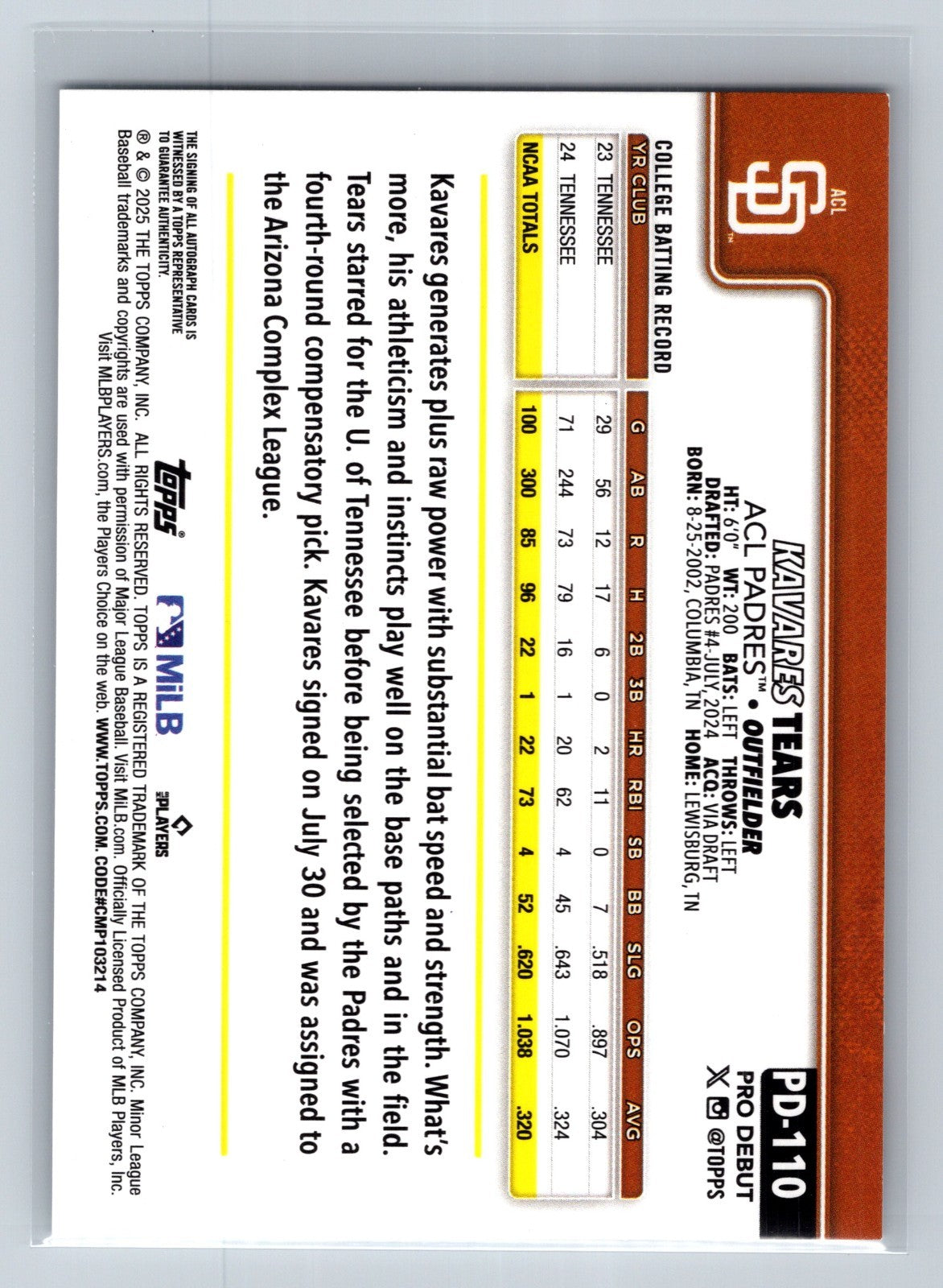 Kavares Tears 2025 Topps Pro Debut Auto #PD-110 Padres