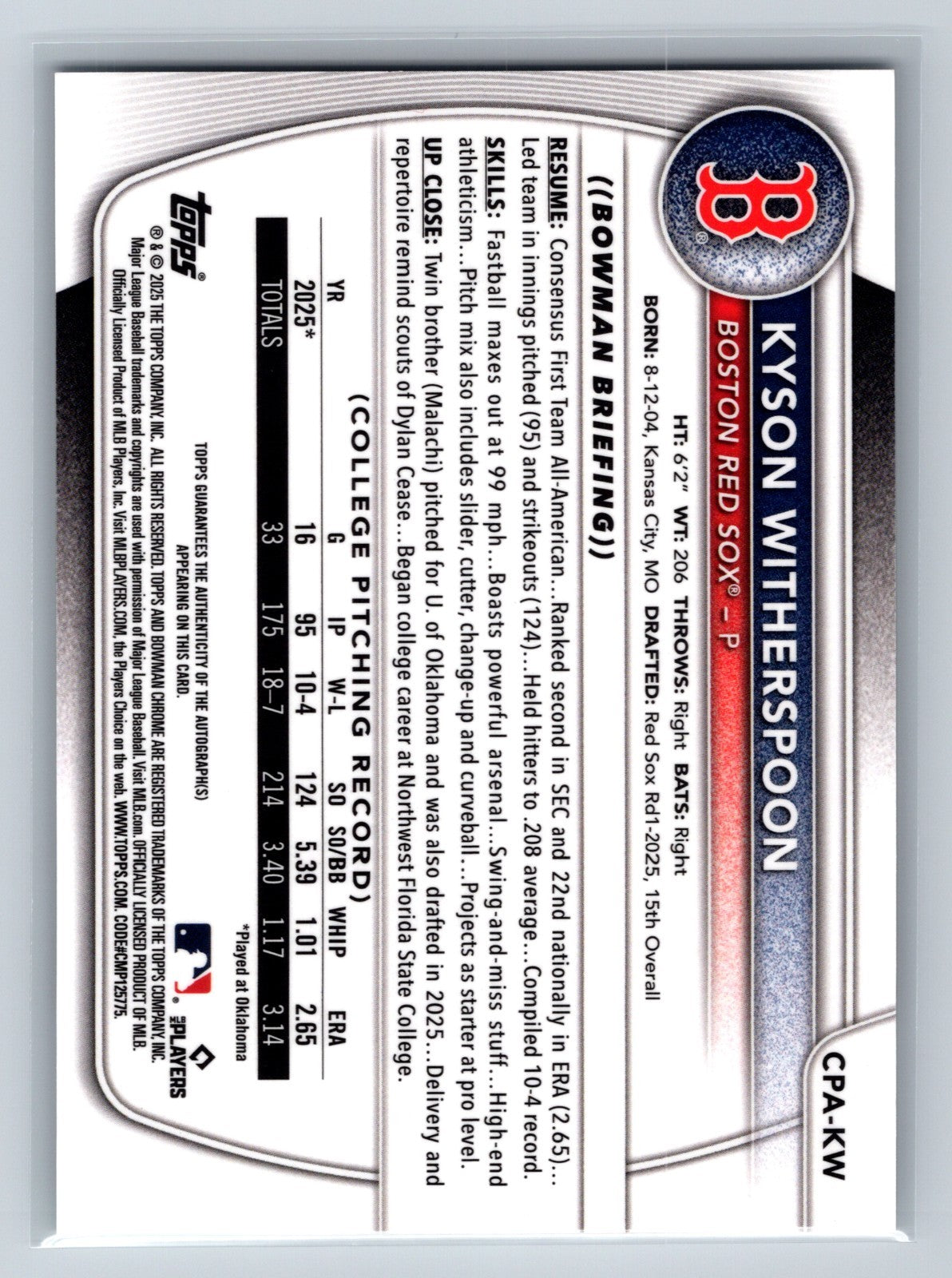 Kyson Witherspoon 2025 Bowman Draft Chrome 1st Auto #CPA-KW Red Sox