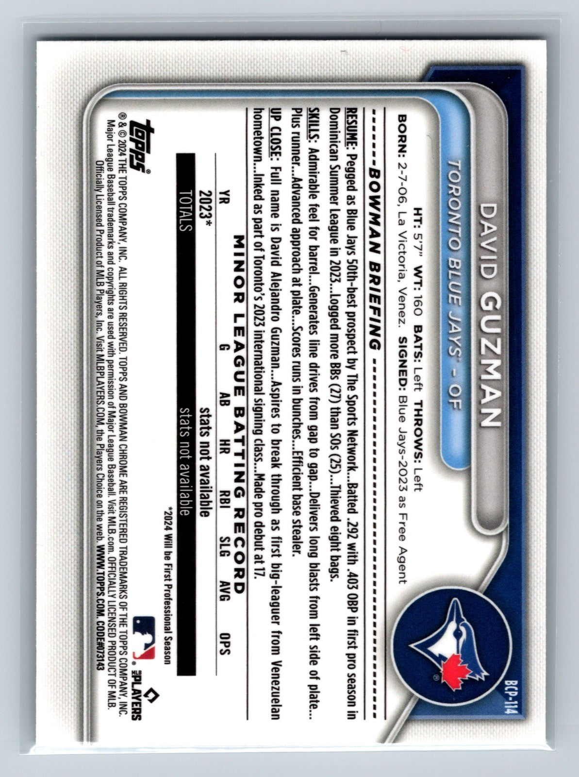 David Guzman 2024 Bowman Chrome 1st Green Sapphire Refractor /99 #BCP-114