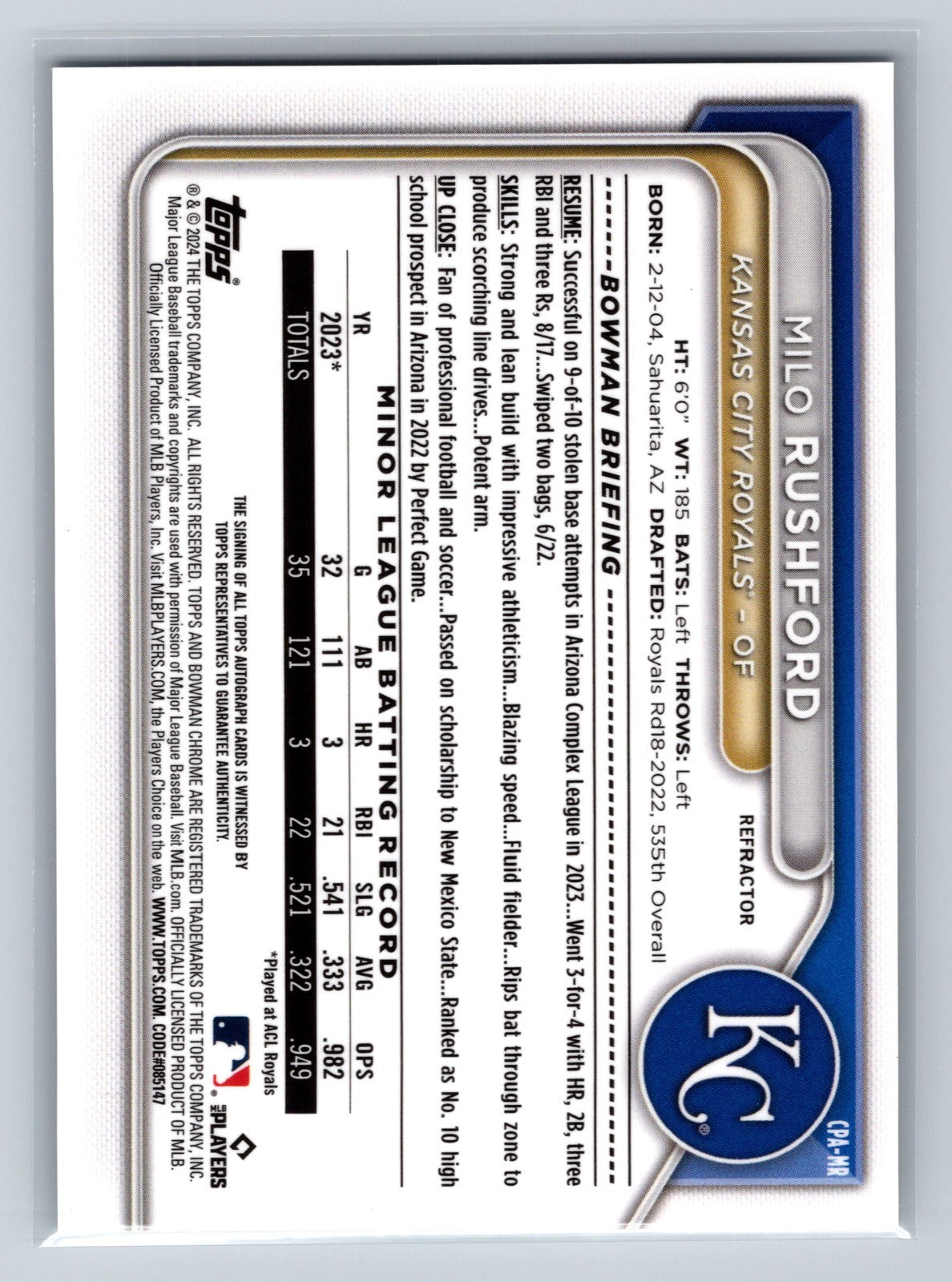 Milo Rushford 2024 Bowman Chrome 1st Refractor Auto /499 #CPA-MR Royals
