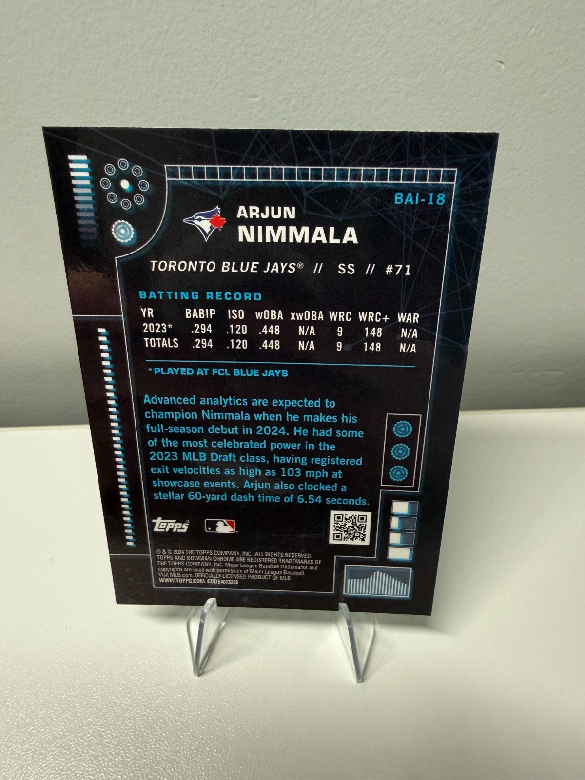 Arjun Nimmala 2024 Bowman Chrome AI Aqua Refractor /125 #BAI-18 Blue Jays