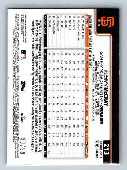 Grant McCray 2025 Topps Series 1 Green Foil Auto RC /99 #213 Giants