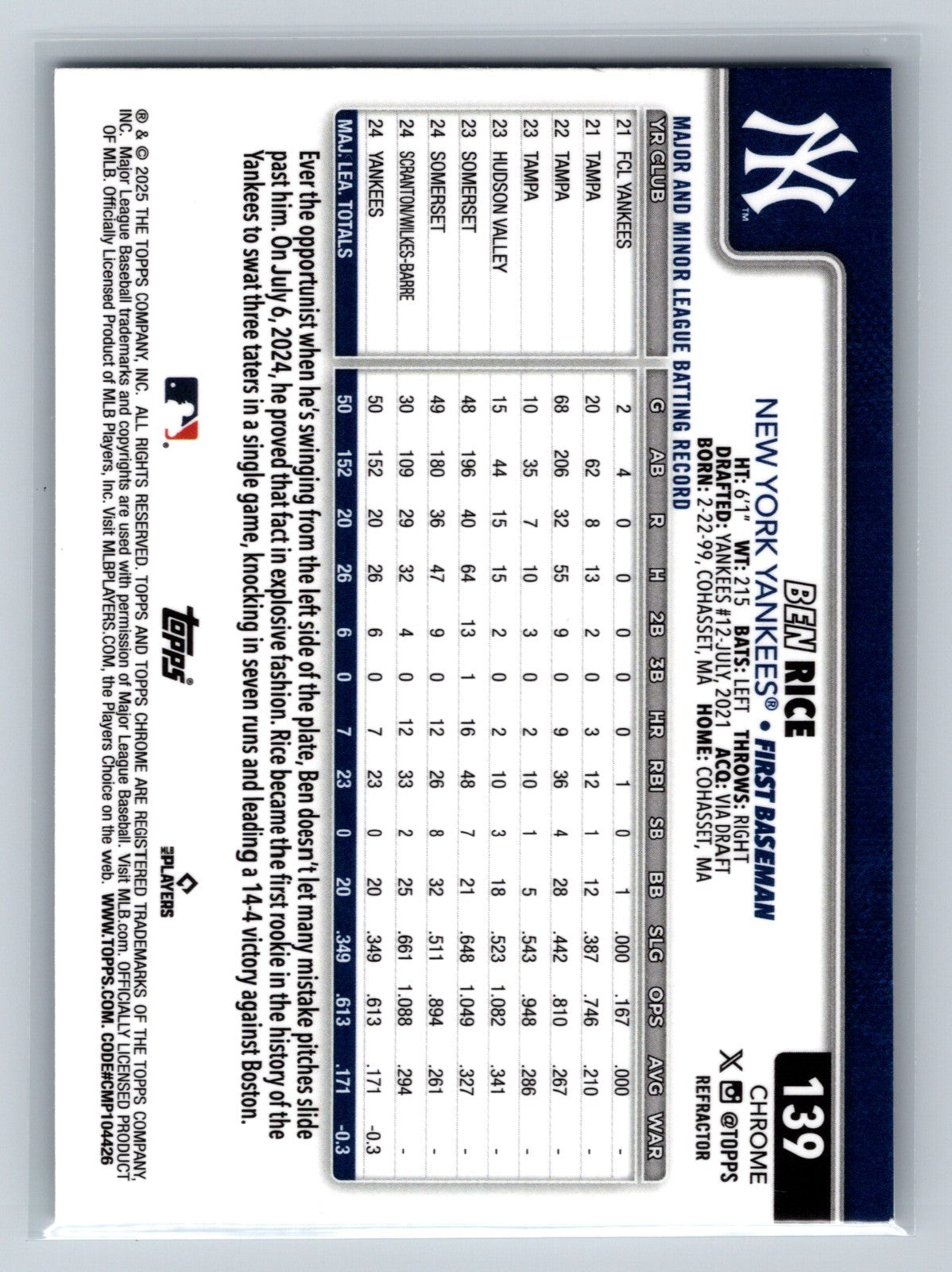 Ben Rice 2025 Topps Chrome Refractor RC #139 Yankees