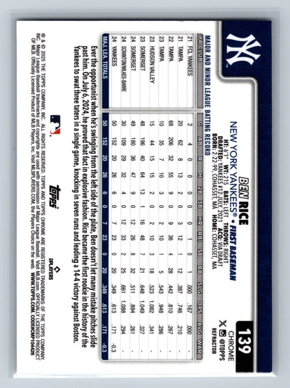 Ben Rice 2025 Topps Chrome Refractor RC #139 Yankees