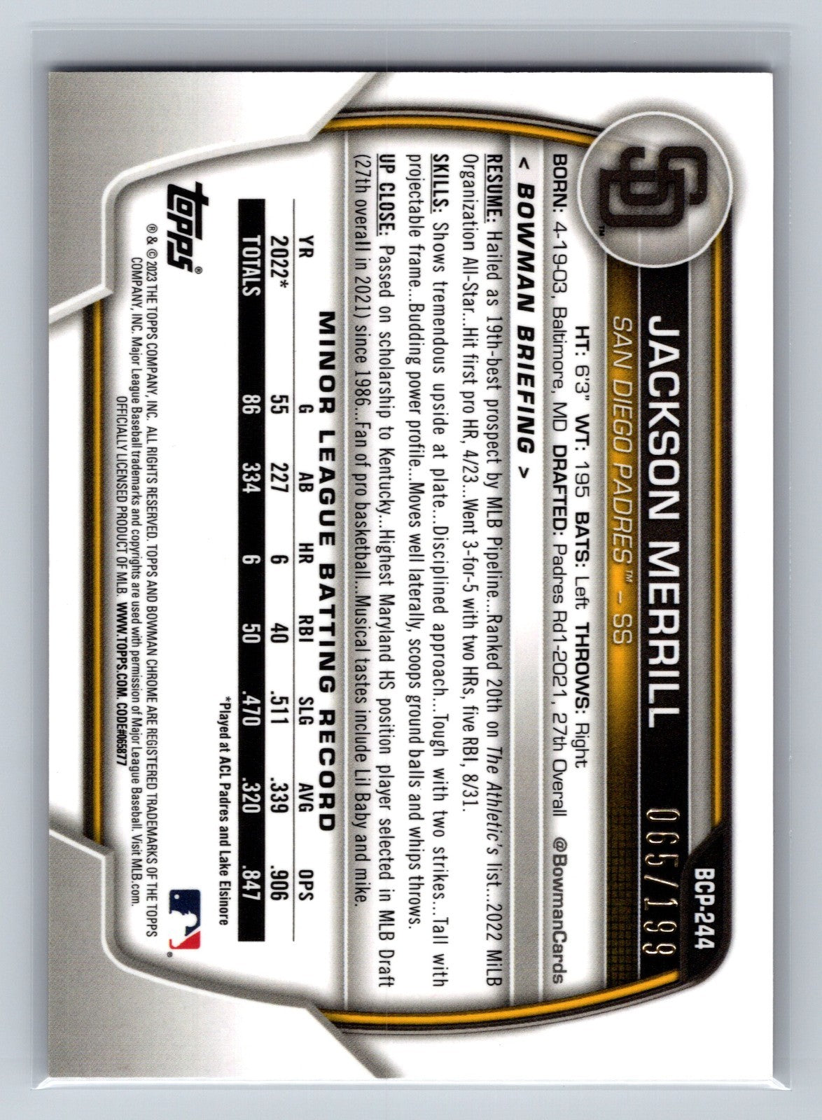 Jackson Merrill 2023 Bowman Chrome Prospect Fuchsia Pink Vapor Refractor /199