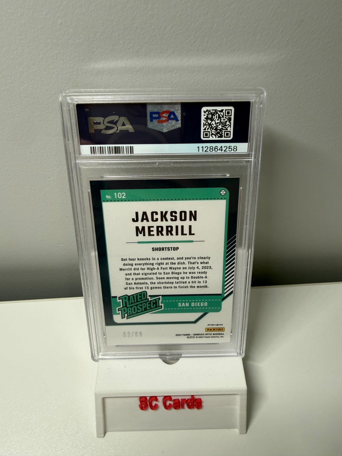 Jackson Merrill 2024 Donruss Optic Rated Prospects Red /99 #102 PSA 10 * READ *