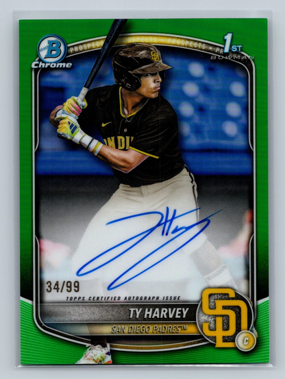 TY Harvey 2025 Bowman Chrome 1st Green Refractor Auto /99 #CPA-TH Padres